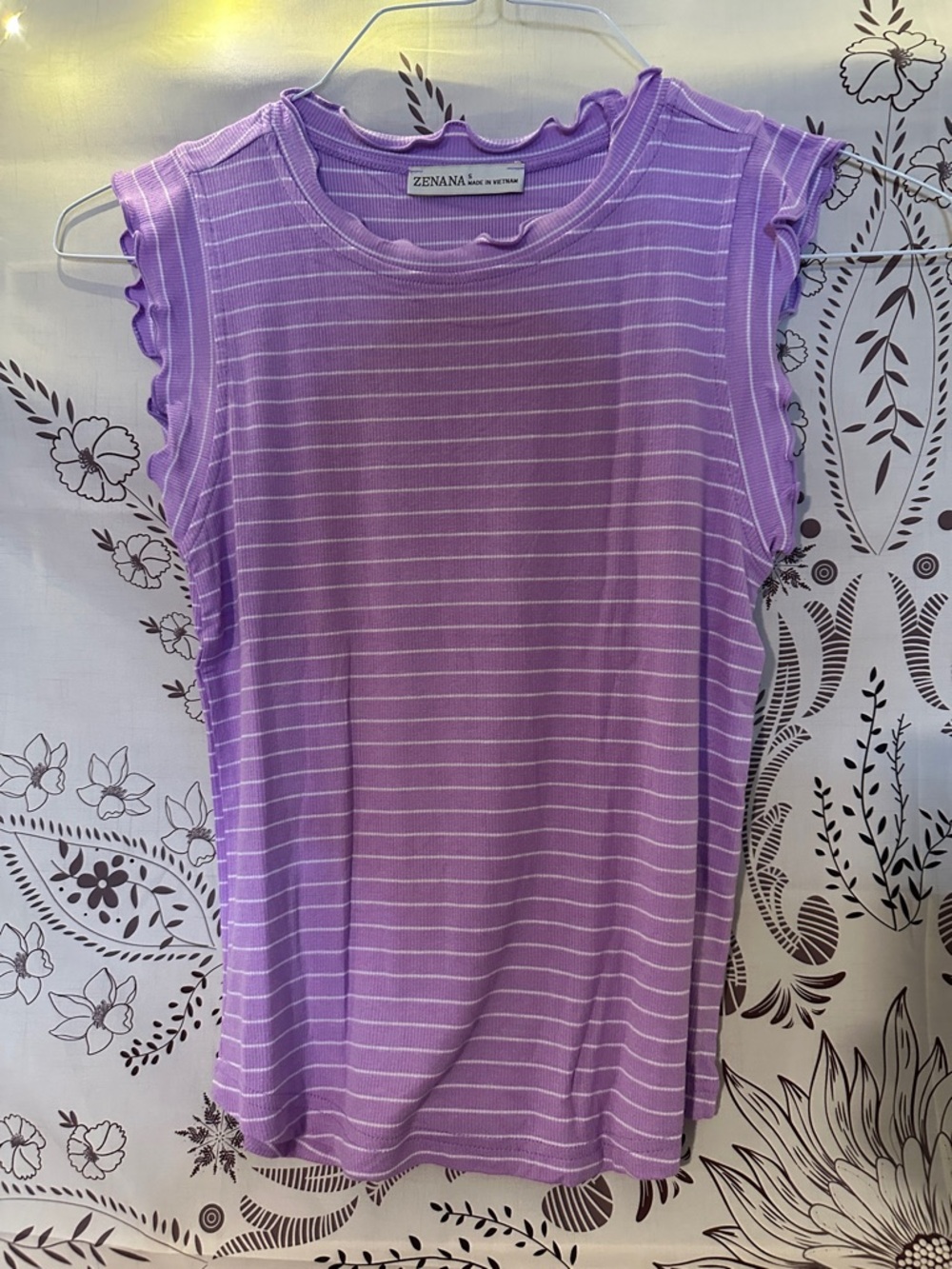 Zenana Outfitters Lavender & White Striped Ruffle-Sleeve Tank Top